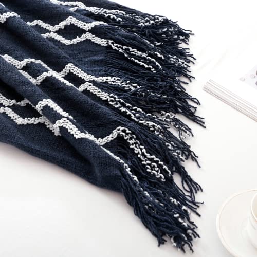 BOURINA Fluffy Chenille Knitted Fringe Throw Blanket Lightweight Soft Cozy for Bed Sofa Chair Throw Blankets, Navy 50" x 60" - color: A-navy, size: 50"×60"