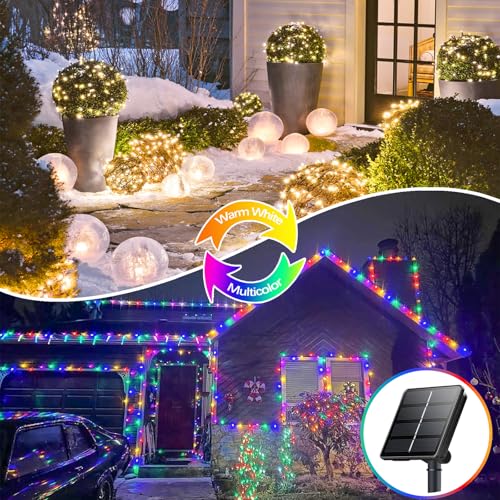 Warm White and Multicolor Color Changing Solar String Lights for Outside, 2 Pack 400LED Solar Fairy Lights Outdoor Waterproof, Copper Wire with 8 Modes Solar Twinkle Lights for Tree Garden Yard Party - color: Warm White to Multicolor, size: 2 Pack-400LED