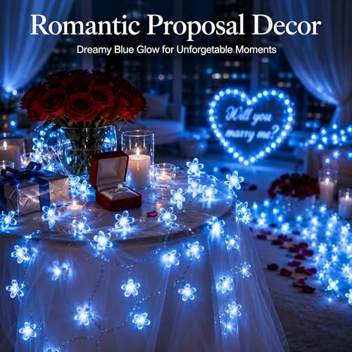Connectable 33ft 100 LED Plug in Blue Flower Fairy Lights String Decor | Fairy Floral Lights For Christmas, Easter, Valentine'S Day, Proposal, Birthday Wedding Indoor Outdoor Hanging Decorations - color: Blue