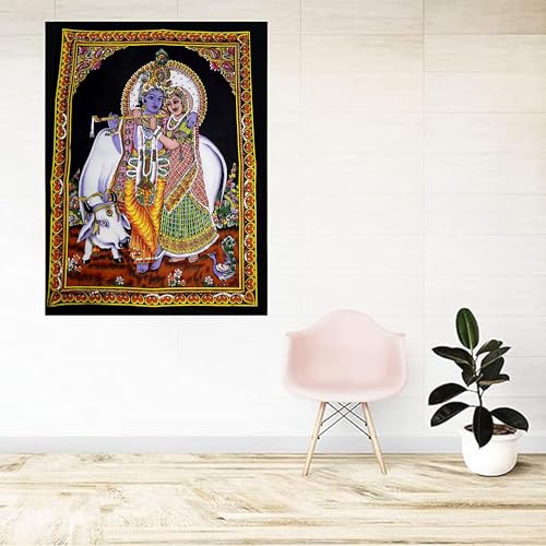 Rastogi Handicrafts Cotton Cloth Fabric Poster 40" X 30" Poster Size Wall Hanging For Home Room Decoration Decor (RK-COW-BLACK-G) - color: RK-COW-BLACK-G
