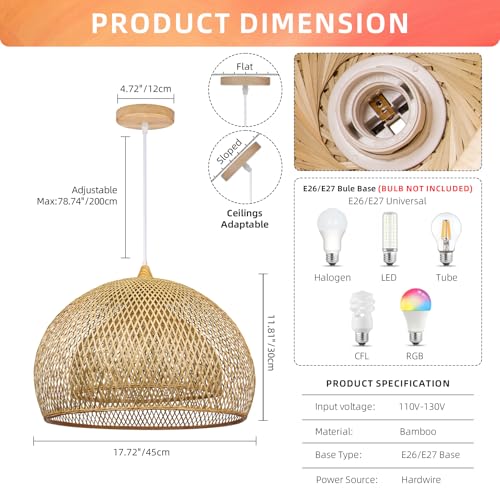Arturesthome Bamboo Pendant Light for Kitchen Island, 17.6" Wicker Chandelier Lighting, Handmade Woven Hanging Ceiling Light Lampshade for Living Room Bedroom - size: B 17.6"*11.7"