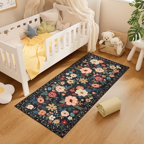 DUKINO 2x5 Runner Rug for Hallway, Washable Kitchen Floral Runner Rug with Non Slip Backing, Low Pile Soft Boho Carpet for Kitchen, Hallway, Entryway, Laundry, Bedroom, Black - color: Black, size: 2' x 5' (Rectangular)