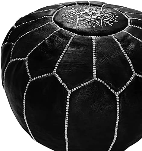 ARTOUARZAZATE Premium Moroccan Leather Pouf Cover, Ottoman Footstool Hassock 100% Real Natural Leather pouffe, Home Gifts, Wedding Gifts, Foot Stool (Black by White)