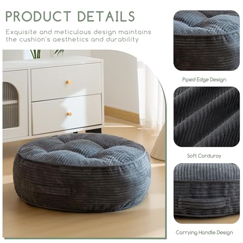 HIGOGOGO 8" Extra Thick Floor Pillow Cushion for Adults, Meditation Cushion Pillow, Large Round Floor Sitting, Tufted Corduroy Cover, for Tatami Living Room or Yoga, 22x22 Inch, Dark Grey - color: Round Dark Grey, size: 8" Thick(Pack of 1)