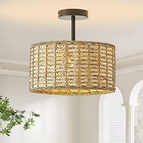 13"Rattan Ceiling Light Fixture Flush Mount, 2-Light Boho Rattan Hand-Woven Ceiling Light Fixtures Drum Wicker Chandelier Light Fixture for Dining Room Bedroom Living Room Hallway Foyer Kitchen - color: 13”Brown