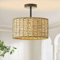13"Rattan Ceiling Light Fixture Flush Mount, 2-Light Boho Rattan Hand-Woven Ceiling Light Fixtures Drum Wicker Chandelier Light Fixture for Dining Room Bedroom Living Room Hallway Foyer Kitchen - color: 13”Brown