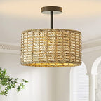 13"Rattan Ceiling Light Fixture Flush Mount, 2-Light Boho Rattan Hand-Woven Ceiling Light Fixtures Drum Wicker Chandelier Light Fixture for Dining Room Bedroom Living Room Hallway Foyer Kitchen - color: 13”Brown