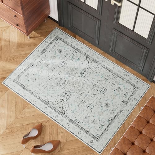 AMTOVO 2x3 Washable Entryway Area Rug Door Mat, Vintage Boho Distressed Print Pattern Non-Slip Carpet, Small Throw Rug for Indoor Entrance Kitchen Bedroom Bathroom Laundry Floor, Light Grey - color: Light Grey, size: 2' x 3' (Rectangular)