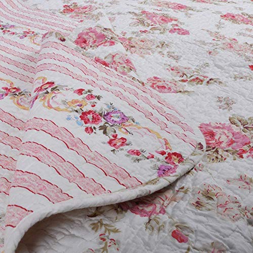 Cozy Line Home Fashions Josephine Spring Peony Pink Ivory Floral Shabby Chic Reversible 100% Cotton Quilted Throw Blanket 60" x 50" Machine Washable and Dryable (Peony) - color: Peony