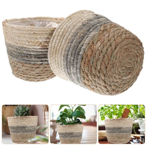 Operitacx 2 Pack Seagrass Plant Basket, Woven Planter Covers with Handles for Indoor Plant Pots and Home Decor 7X6in
