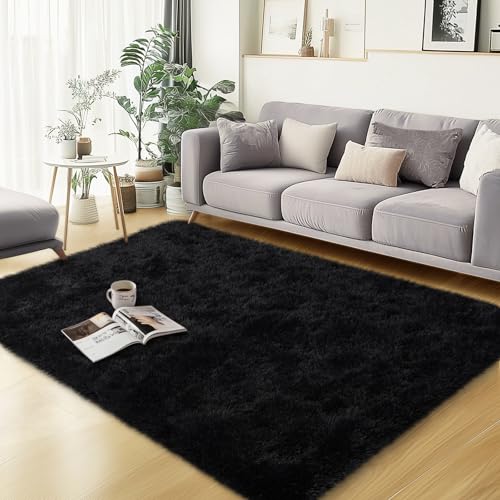 qulint 3x5 Rug for Bedroom, Fluffy Soft Black Rug for Living Room, Fuzzy Plush Small Carpet Shaggy Shag Modern Alfombras for Boys and Girls Dorm Nursery Kid Room Home Decor (3ft x 5ft, Black) - color: Black, size: 3' x 5' (Rectangular)