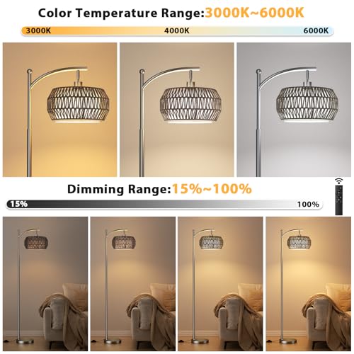 Ambimall Arc Floor Lamp for Living Room with Remote, Color Temperature & Brightness Adjustable, Bohemia Standing Lamp with Rattan & Fabric Double Drum Shades, Bulb Included(Deep Gray) - color: Deep Gray Bohemian