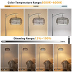 Ambimall Arc Floor Lamp for Living Room with Remote, Color Temperature & Brightness Adjustable, Bohemia Standing Lamp with Rattan & Fabric Double Drum Shades, Bulb Included(Deep Gray) - color: Deep Gray Bohemian
