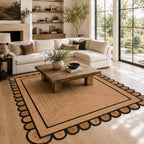 Braided Scalloped Jute Rug Natural with Black Trim, Handmade Farmhouse Boho Area Rug for Entryway, Kitchen, Hallway, Living Room, Bedroom, Rustic Woven Floor Rug - (Black- 8X10 ft) - size: 8' x 10' (Rectangular)