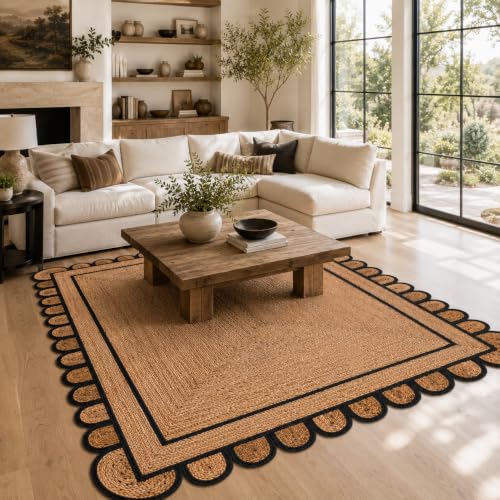 Braided Scalloped Jute Rug Natural with Black Trim, Handmade Farmhouse Boho Area Rug for Entryway, Kitchen, Hallway, Living Room, Bedroom, Rustic Woven Floor Rug - (Black- 12X9 ft) - size: 9' x 12' (Rectangular)
