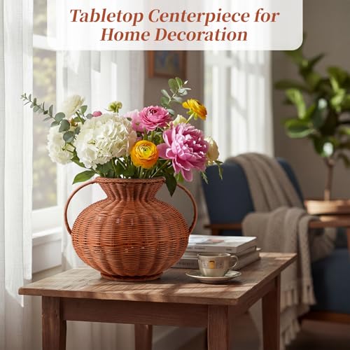 1 Pack Real Rattan Vase Woven Vase for Flower Decorative Wick AER Flower Plant Weave Basket Dark Brown Country Rustic Pastoral Style Tabletop Centerpiece for Home Decor (Pyknic) - style: Pyknic