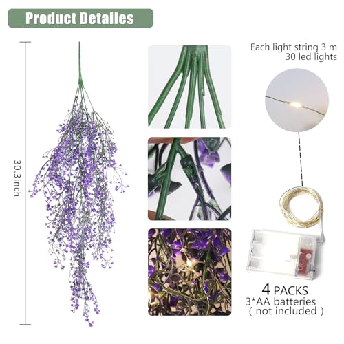 RECUTMS Artificial Hanging Plant 4 Pack Fake Fern with LED Lights Ivy Vines 2.5ft Faux Hanging Greenery Vine for Home Garden Wall Office Wedding Party Decoration (Purple) - color: Purple-light