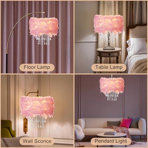 Feather Lamp Shade with Acrylic Beads Droplets, Soft Lampshade for Pendant, Table, Floor & Wall Lighting, Bedroom Wedding Decor, ID 11.8inch, OD 15.7inch, Pink - color: Pink, size: 15.7 inches