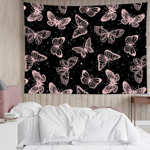 HVEST Pink Butterfly Tapestry - Butterfly on Black and White Galaxy Space Wall Hanging for Bedroom, Kids Room, Living Room - 60L x 80W inches - color: Black Pink, size: 60"L x 80"W
