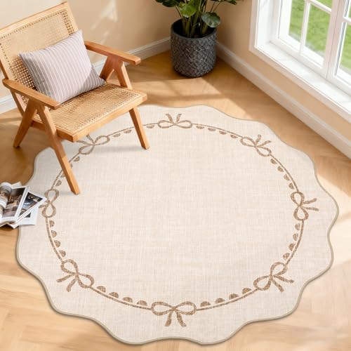 GarveeHome Scalloped Bow Rug for Living Room, 4ft Round Rugs Washable Solid Beige Rug for Dorm Soft Low Pile Non Slip Scalloped Rugs for Nursery Bedroom Decor Kids Room Playroom - color: Beige, size: 4' (Round)