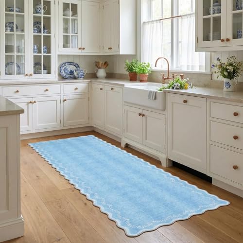 GarveeHome 2.6x10 Scalloped Washable Runner Rug for Kitchen, Soft Blue Long Hallway Runner Non Slip Entryway Rug Farmhouse Thin Laundry Mat Stain Resistant Carpet for Bathroom Beside Rug - color: Baby Blue, size: 2'6" x 10' (Rectangular)