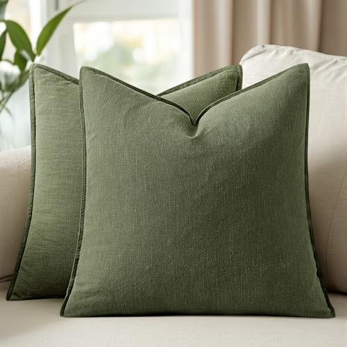 18x18 Inch Set of 2 Decorative Linen Solid Throw Pillow Covers Boho Accent Farmhouse Pillowcases Modern Netural Spring Home Decor for Couch Sofa Living Room Bed,Dark Olive Green - color: Dark Olive Green, size: 18" x 18" (Pack of 2)