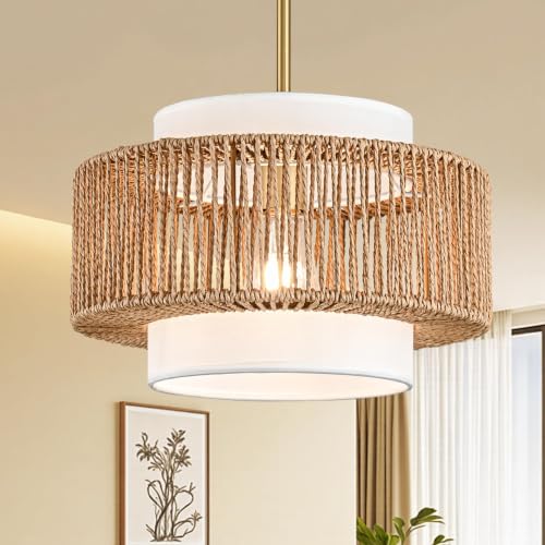 12.4"Farmhouse Chandelier for Dining Room, 1-Light Boho Rattan Chandelier Light Fixture Ceiling Hanging with Fabric Lampshade, Small Wicker Coastal Pendant Light for Kitchen Bedroom Island Hallway - size: 12.4″Fabric