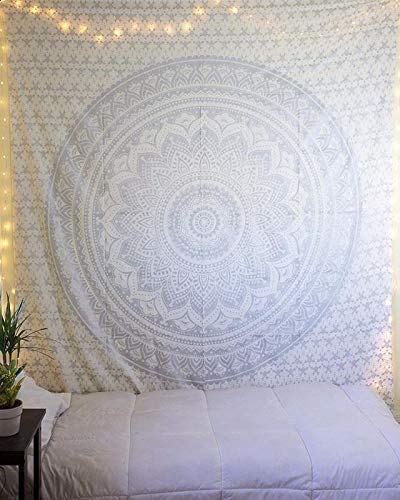 ANJANIYA Ombre Wall Hanging Bohemian Tapestry, Metallic Wall Art Bedspread, Psychedelic Hippie Mandala Dorm Décor for Hanging, Bedding, Beach Coverlet Curtain, Silver, 54"X60" - color: Silver, size: 60"L x 54"W