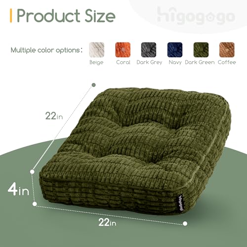 HIGOGOGO Floor Pillow Cushion for Adults, Meditation Cushion Pillow, Blended Corduroy Cover, Large Square Floor Sitting for Tatami Living Room or Yoga, 22x22 Inch, Dark Green - color: Square Dark Green, size: 4" Thick(Pack of 1)