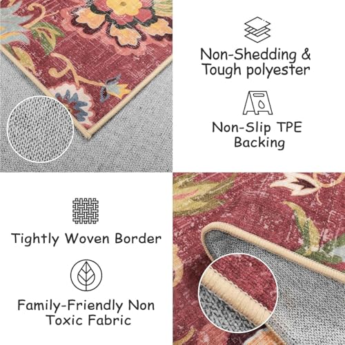 Beeiva Floral Washable Runners for Hallways Non Slip, 2x8 Red Long Hallway Runner Rugs with Rubber Backing, Ultra Thin Christmas Vintage Kitchen Rugs Non Skid for Entryway Bathoom (Red,2'x8') - color: Red, size: 2' x 8' (Rectangular)