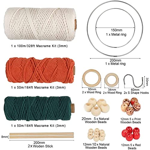 UHAPEER Macrame Kits for Adults Beginners, DIY Macrame Plant Hanger Kit and Macrame Supplies, with 3 mm Macrame Cord Cotton, Macrame Meads, Wooden Rings, Dream Catcher Rings, Craft Kits for Adults - color: Dark Green & Orange