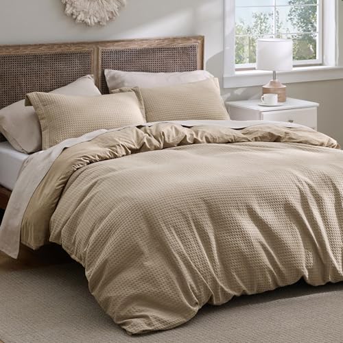 Bedsure Textured Duvet Cover King Size, Soft & Breathable Comforter Cover for All Season, 3 Pieces Wrinkle-Resistant Zipper Bedding with 8 Corner Ties, Khaki - color: 10 - Khaki (No Comforter), size: King (104" X 90")
