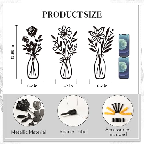 CarryWise 3 Piece Metal Flower Wall Art for Bedroom Living Room Rustic Farmhouse Floral Wall Decor for Bathroom Dining Room Boho Home Decorations Modern Minimalism Walls Hanging Sculptures(Black) - color: Black & Vase Flower