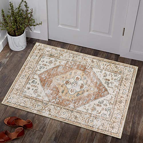 Lahome Boho Kitchen Rugs Washable - 2x3 Small Non-Slip Entry Rugs for Inside House Oriental Throw Area Rugs for Bedroom Accent Distressed Floor Doormat Carpet for Bathroom Entryway Laundry Living Room - color: Taupe, size: 2' x 3' (Rectangular)