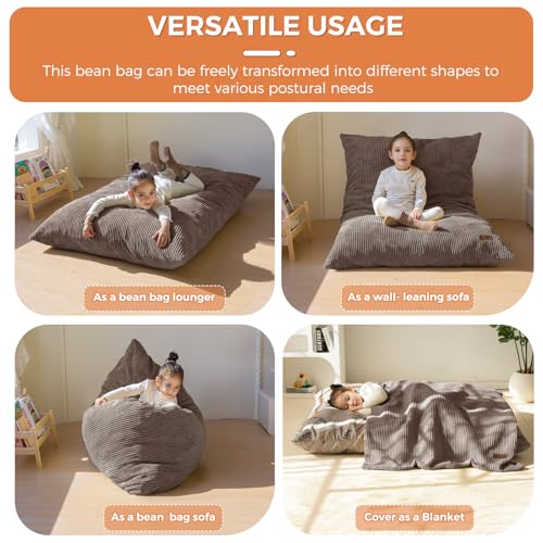 MAXYOYO 3 in 1 Kids Bean Bag Chair Couch, Convertible Chair Folds from Bean Bag to Lounger, Child Floor Sofa for Gaming, Reading, Floor Couch with High-Density Foam Filling - color: Brown