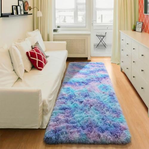 ONASAR Rainbow Runner Rugs for Bedroom Living Room, Fluffy 2x6 Bedside Hallway Area Rug, Ultra Soft Plush Furry Faux Fur Non Slip Floor Carpet for Nursery Kids Dorm Closet Home Decor Aesthetic - color: Rainbow, size: 2' x 6' (Runner)