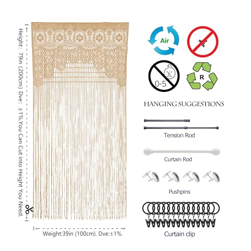 Lace Door String Curtain for Doorways，Bohemian Curtains Window Wall Closet Bedroom Kitchen Hippie Hanging Panels Boho Room Divider - color: Champange, size: 39"W x 79"L (Pack of 1)