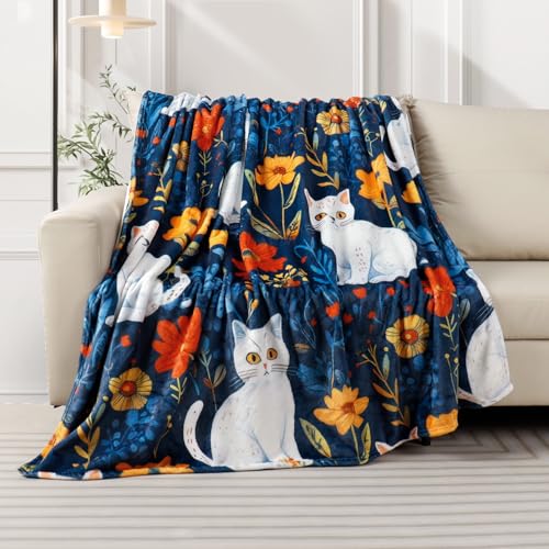 Cute Cat Throw Blanket Colorful Floral Wildflower Bed Blanket Flower Cat Print Blankets for Cat Lovers Super Soft Flannel Fleece Throw Blanket for Bed Couch 50” x 60” - color: Cat Flower, size: 50" X 60"
