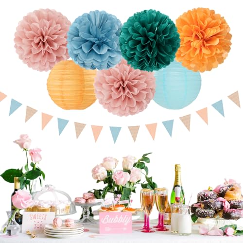 Dusty-Blue Orange Teal Party-Decorations Paper-Flowers - 15pcs Fall Rose Gold Blush Pink Birthday Baby Bridal Shower Tissue Pom Poms Lanterns Streamers,Wedding Bachelorette Hanging Supplies Hugfond - color: Blue Green Orange