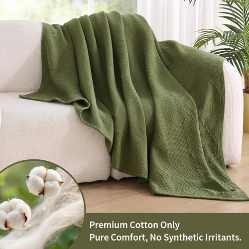 Premium 100% Cotton Blanket – All-Season Soft Breathable Bed Blanket for Queen Size – Lightweight Stylish Textured Throw for Bed– Giftable Cozy Bedding - color: Green, size: Queen(80" x 90")