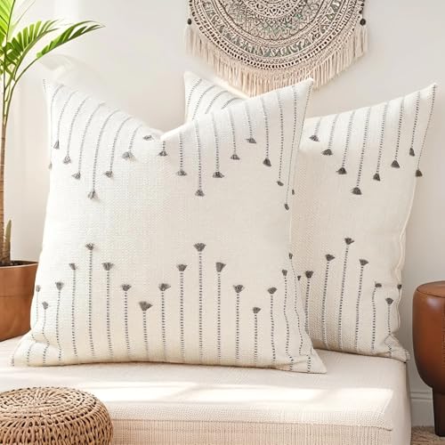 ZONYO Throw Pillow Covers 18x18 Set of 2, Textured Woven Cotton Decorative Cushion Covers with Fringe Tassel, Fade Resistant Washable for Couch Sofa Bed Patio, Boho Farmhouse Modern Decor, Grey - color: Grey, size: 18" x 18" (Pack of 2)