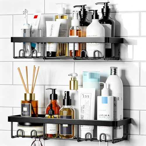 Moforoco Shower Caddy Shelf Organizer Rack, Self Adhesive Black Bathroom Shelves Basket, Home Farmhouse Wall Inside Organization and Storage Decor Rv Accessories, First Camper Apartment Essentials - color: Black, size: Medium