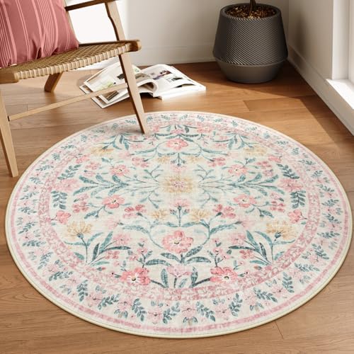 Lahome Sylvie Boho Light Pink Round Rug 4ft, Washable Small Circle Rugs for Bedroom Kids, Pink and Green Nursery Circular Carpet Girl Decor, Soft Non-Slip Round Carpet for Sunroom, Blush - color: Blush Pink, size: 4' (Round)