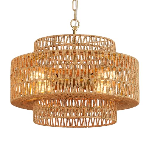 17.8" Boho Rattan Chandelier Light Fixture, 4-Light Golden Hand Woven Pendant Light Fixture Farmhouse Rustic Wicker Chandeliers for Kitchen, Bedroom, Dining Room, Living Room, Hallway, Foyer - color: Gold 17.8"