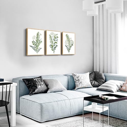 Natural Wood Frame 3 Pieces Framed Wall Art For Living Room Bathroom Wall Decorations Kitchen Wall Decor Canvas Print Decor Modern Simple Bedroom Home Decoration Green Leaves Poster Wall Paintings - color: 3 Panels Green Plants Natural Wood Framed, size: