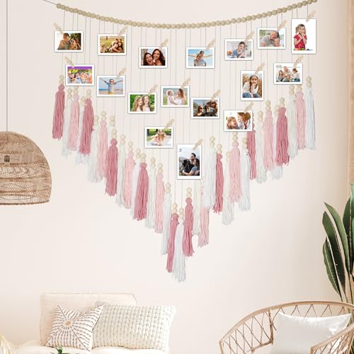 Macrame Hanging Photo Display Wall Decor, Macrame Photo Wall Hanging Boho Room Bedroom Wooden Beads Garland Picture Holder Photo Display Cilp with 30 Clip - color: Blush Pink White