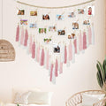 Macrame Hanging Photo Display Wall Decor, Macrame Photo Wall Hanging Boho Room Bedroom Wooden Beads Garland Picture Holder Photo Display Cilp with 30 Clip - color: Blush Pink White