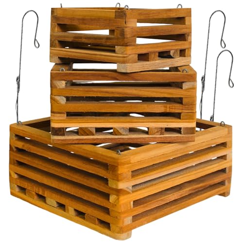 Set of 3 Strong Wooden Orchid Baskets with Hangers, Vanda Baskets for Outside - size: Set of 3