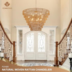 39.4" Large Rattan Chandelier 15-Lights Farmhouse Boho Woven Bamboo Chandelier Rustic Drum Wicker Rattan Golden Chandeliers for Dining Room, Kitchen, Living Room, Entryway, E12 - color: Gold 39IN