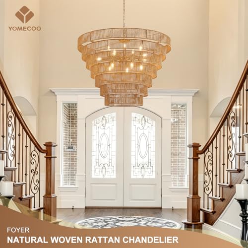 39.4" Large Rattan Chandelier 15-Lights Farmhouse Boho Woven Bamboo Chandelier Rustic Drum Wicker Rattan Golden Chandeliers for Dining Room, Kitchen, Living Room, Entryway, E12 - color: Gold 39IN